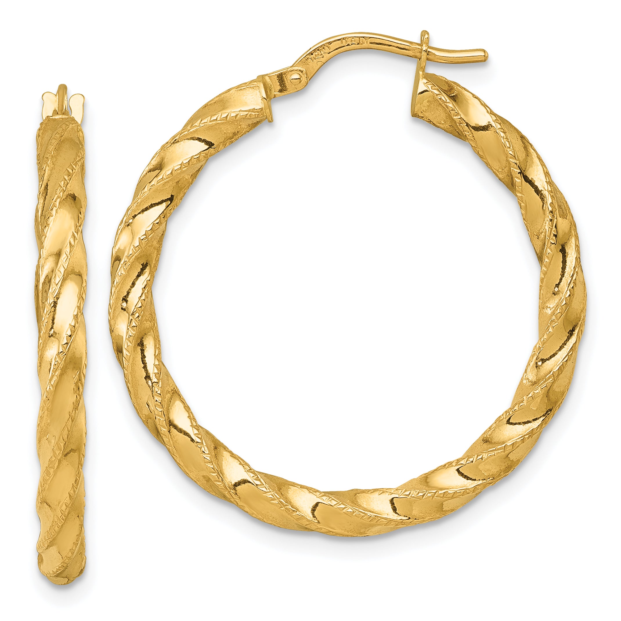 14k Polished Diamond-cut Twisted 3.00 x 30mm Tube Hoop Earrings Main image