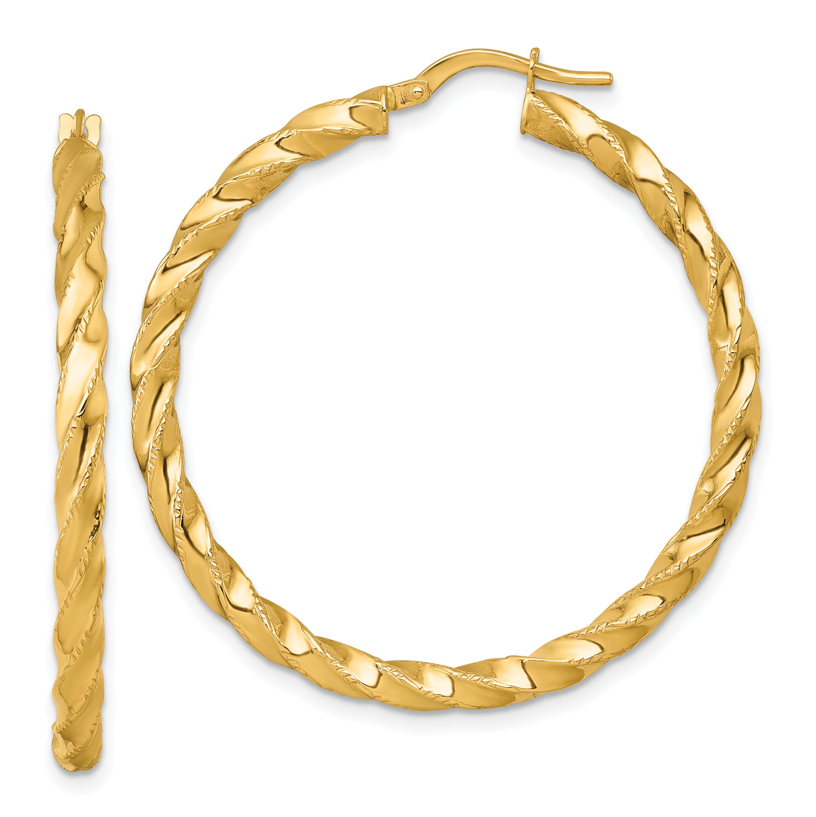14k Polished Diamond-cut Twisted 3.00 x 40mm Tube Hoop Earrings