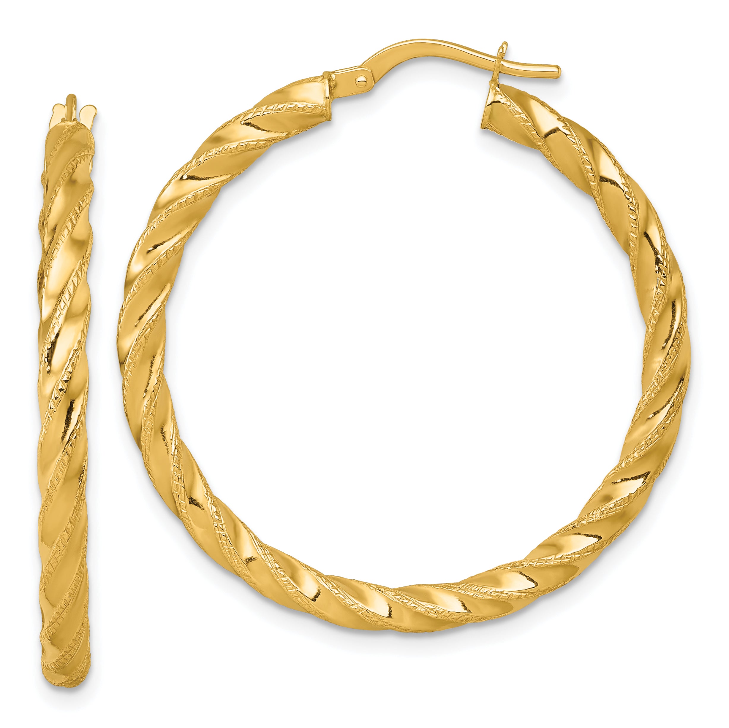 14k Polished Diamond-cut Twisted 3.00 x 35mm Tube Hoop Earrings