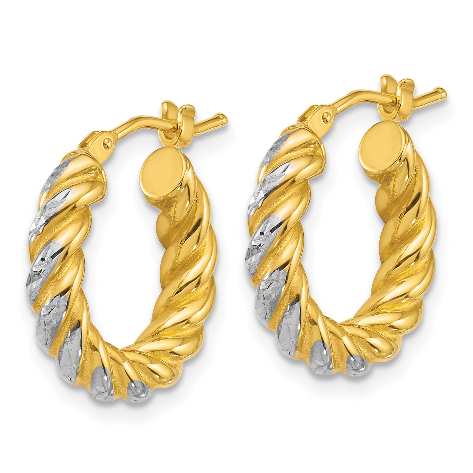 14k with White Rhodium Polished Diamond-cut Twisted 3.75mm Tube Hoop Earrings Secondary image