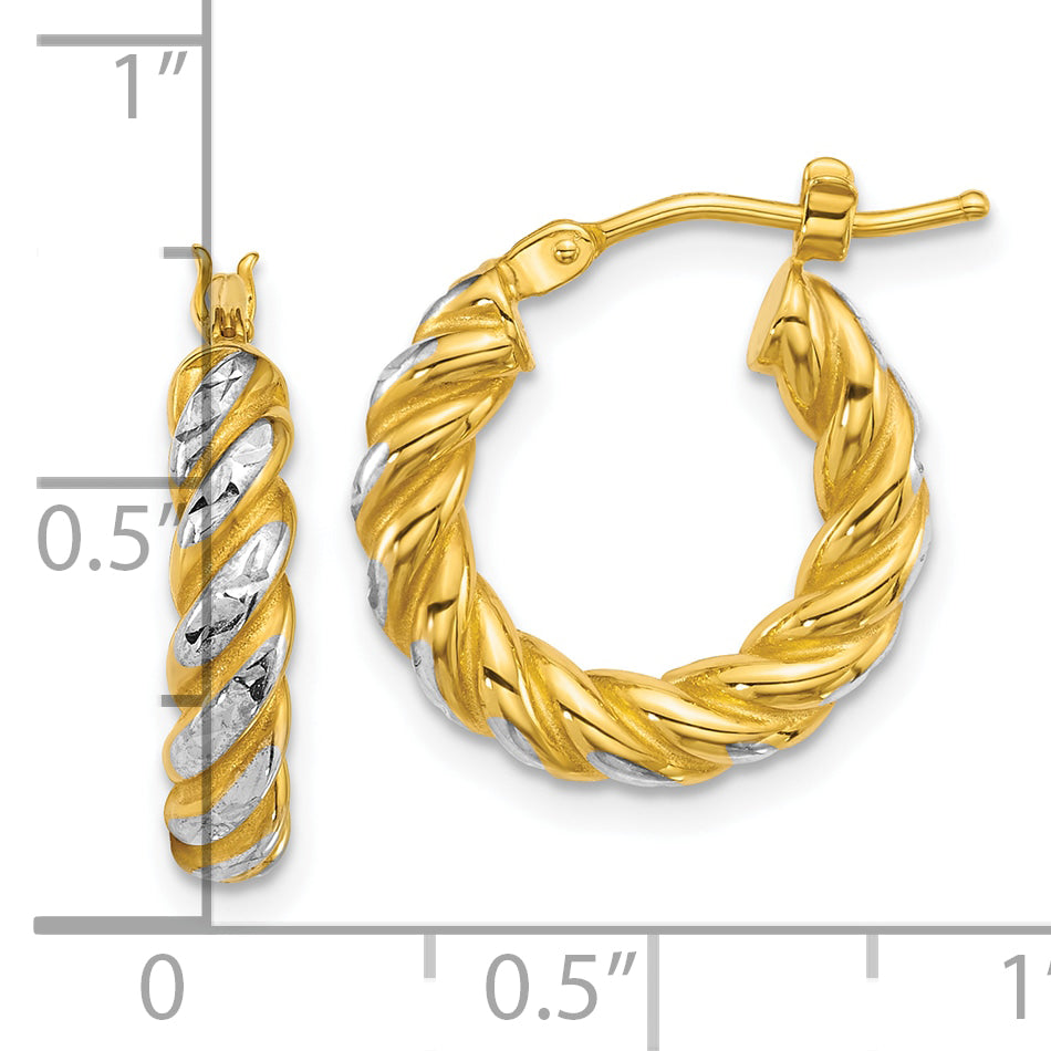14k with White Rhodium Polished Diamond-cut Twisted 3.75mm Tube Hoop Earrings