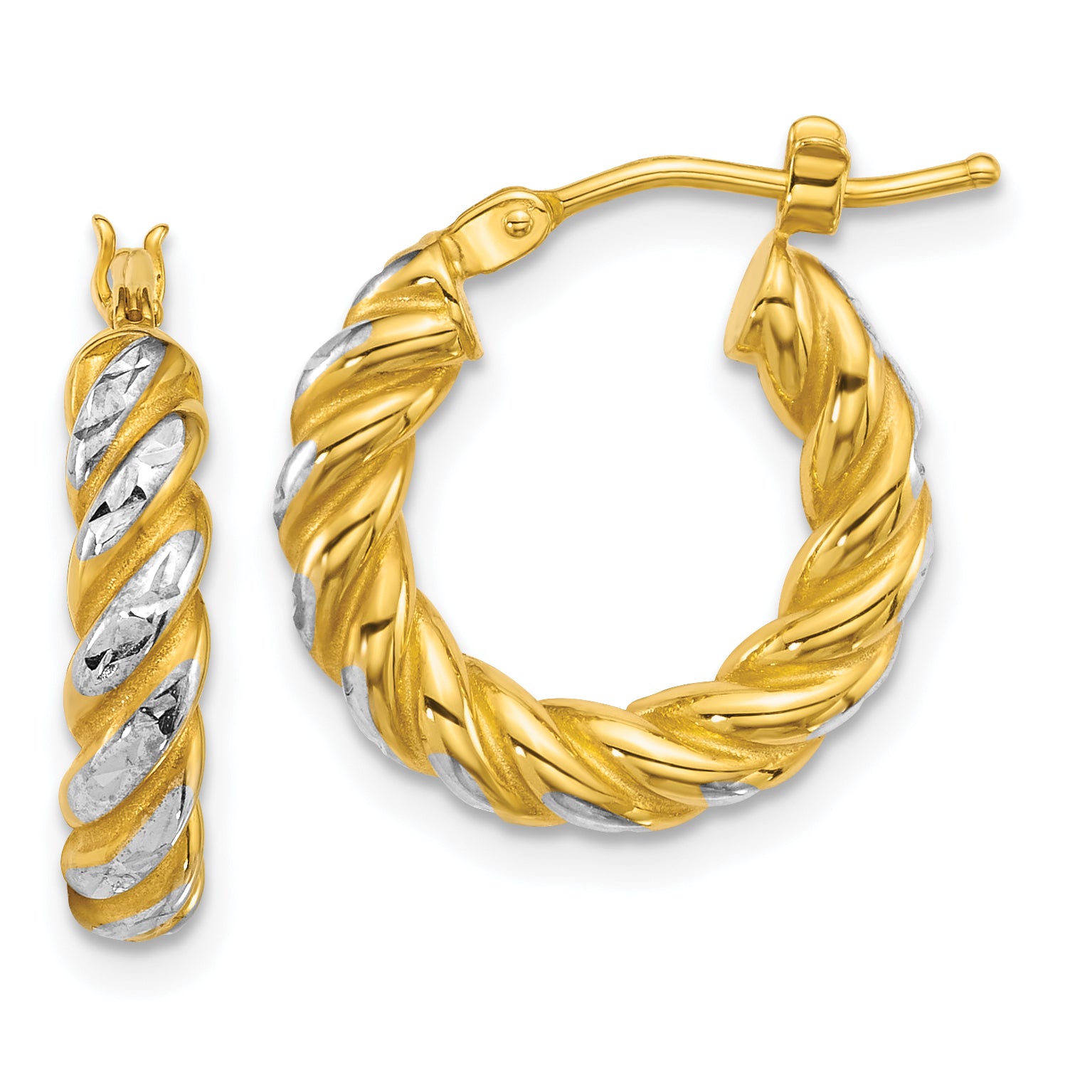 14k with White Rhodium Polished Diamond-cut Twisted 3.75mm Tube Hoop Earrings Main image