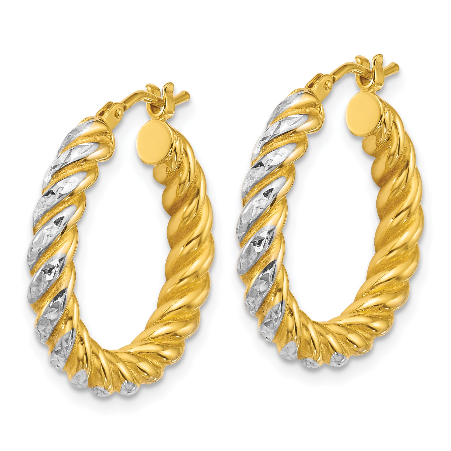 14k with White Rhodium Polished Diamond-cut Twisted 3.75mm Tube Hoop Earrings Secondary image