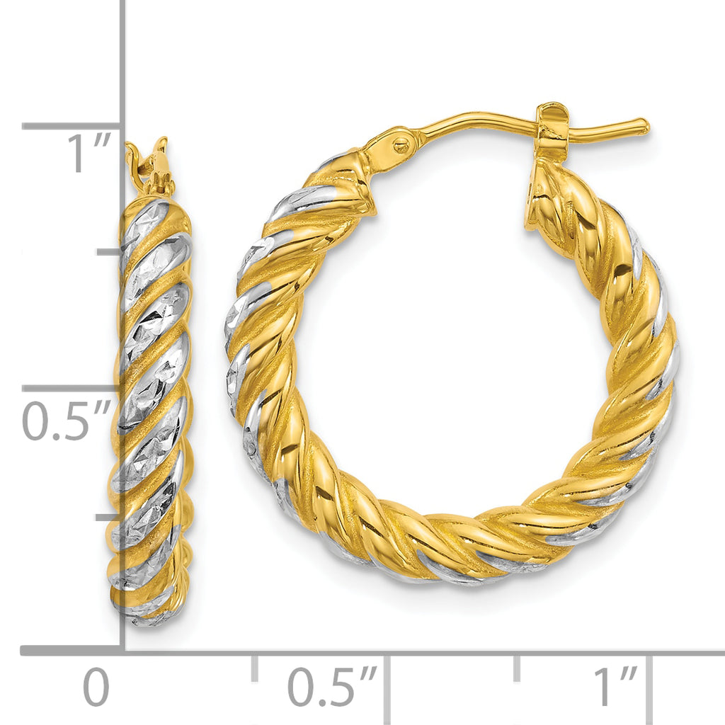 14k with White Rhodium Polished Diamond-cut Twisted 3.75mm Tube Hoop Earrings