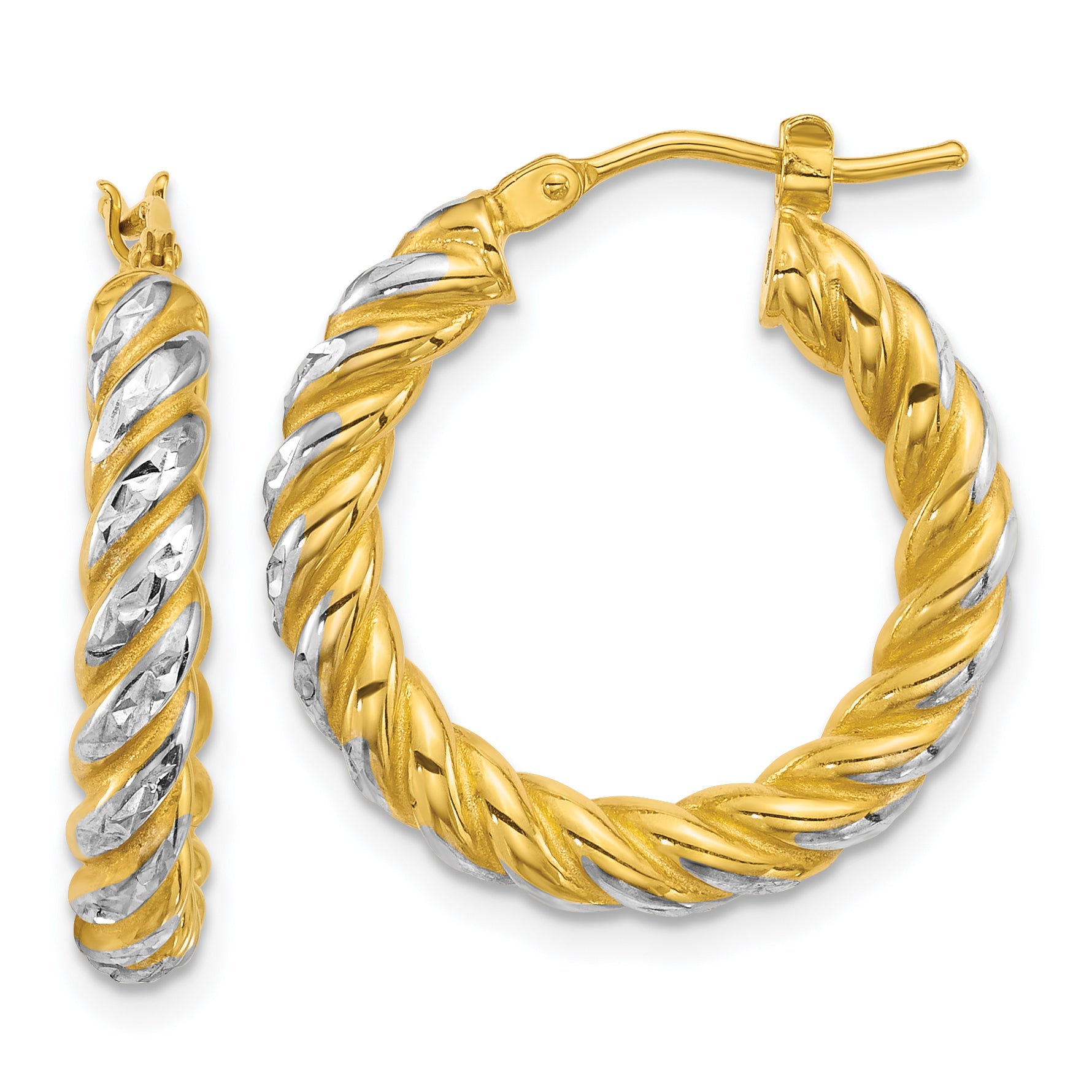 14k with White Rhodium Polished Diamond-cut Twisted 3.75mm Tube Hoop Earrings