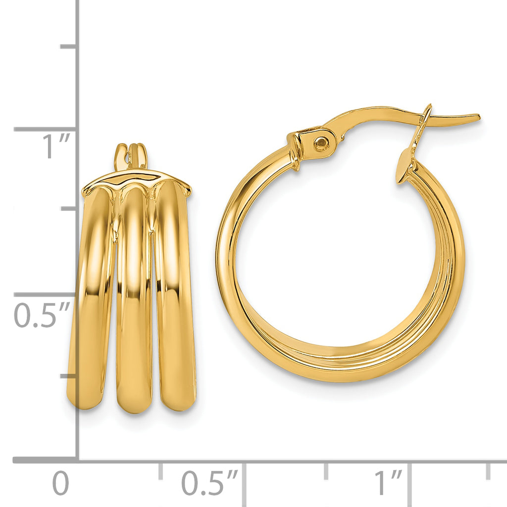 14K Polished Triple Row 8.00mm x 18mm Tube Round Hoop Earrings