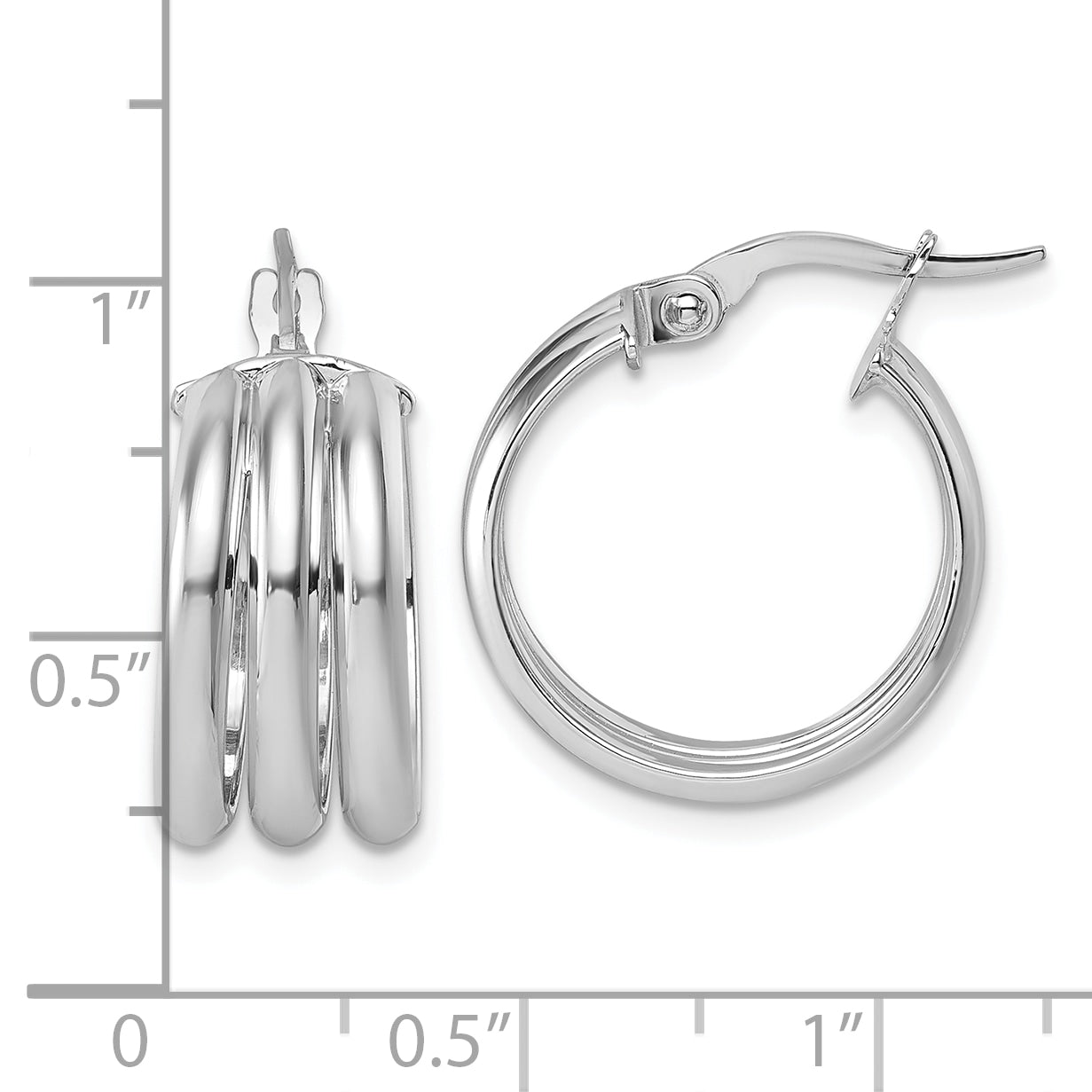 14K with White Rhodium Polished Triple Row 8.00mm x 18mm Round Hoop Earrings