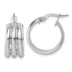 14K with White Rhodium Polished Triple Row 8.00mm x 18mm Round Hoop Earrings