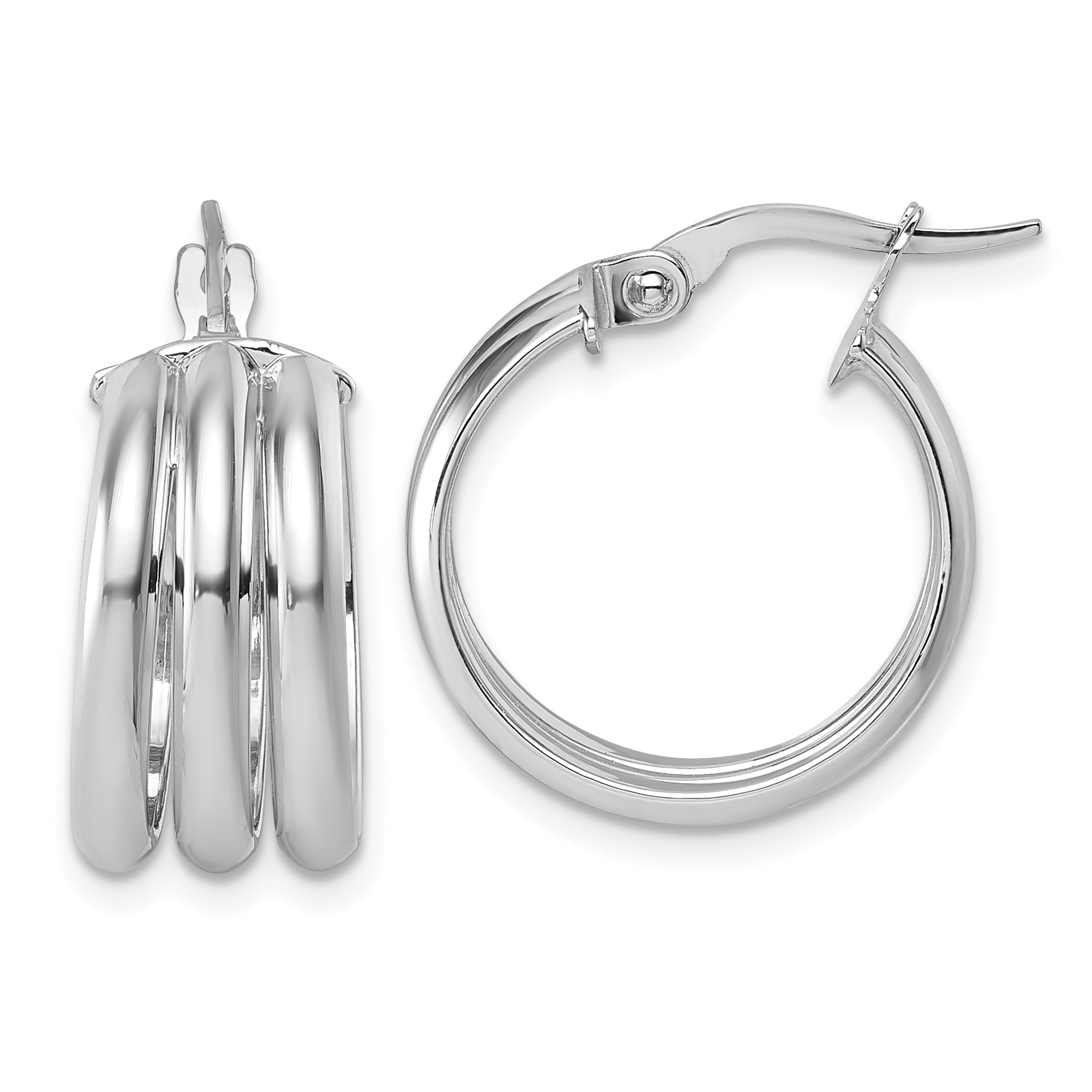 14K with White Rhodium Polished Triple Row 8.00mm x 18mm Round Hoop Earrings