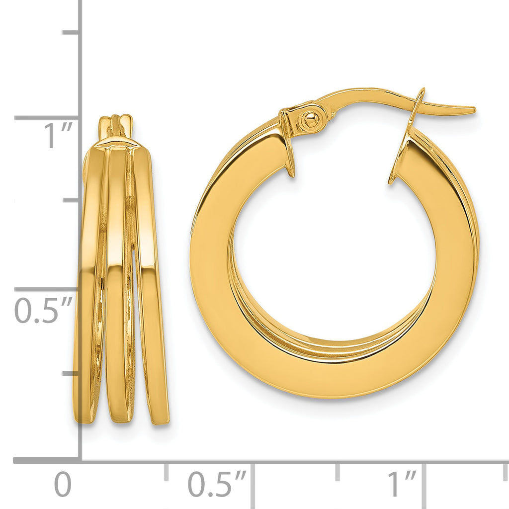 14K Polished Triple Row 6.6mm x 20mm Square Tube Round Hoop Earrings
