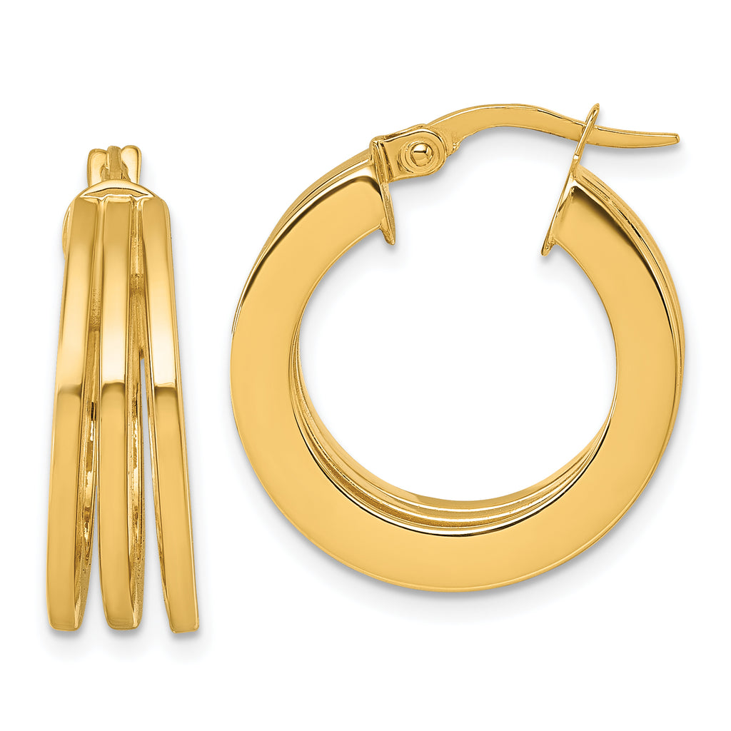 14K Polished Triple Row 6.6mm x 20mm Square Tube Round Hoop Earrings