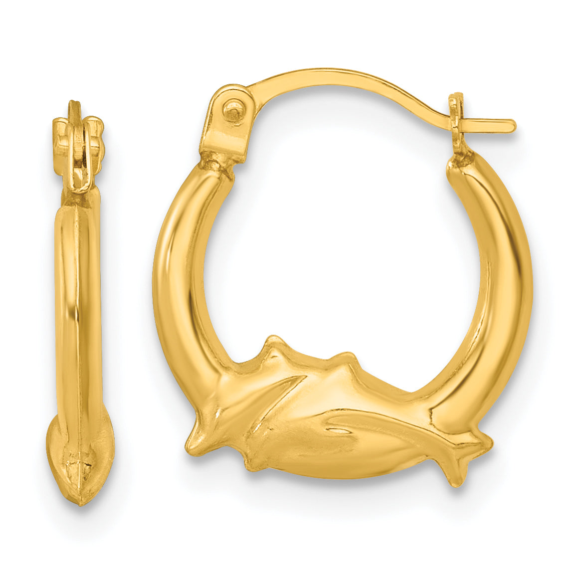 14k Polished Two Dolphins Hollow Hoop Earrings Main image