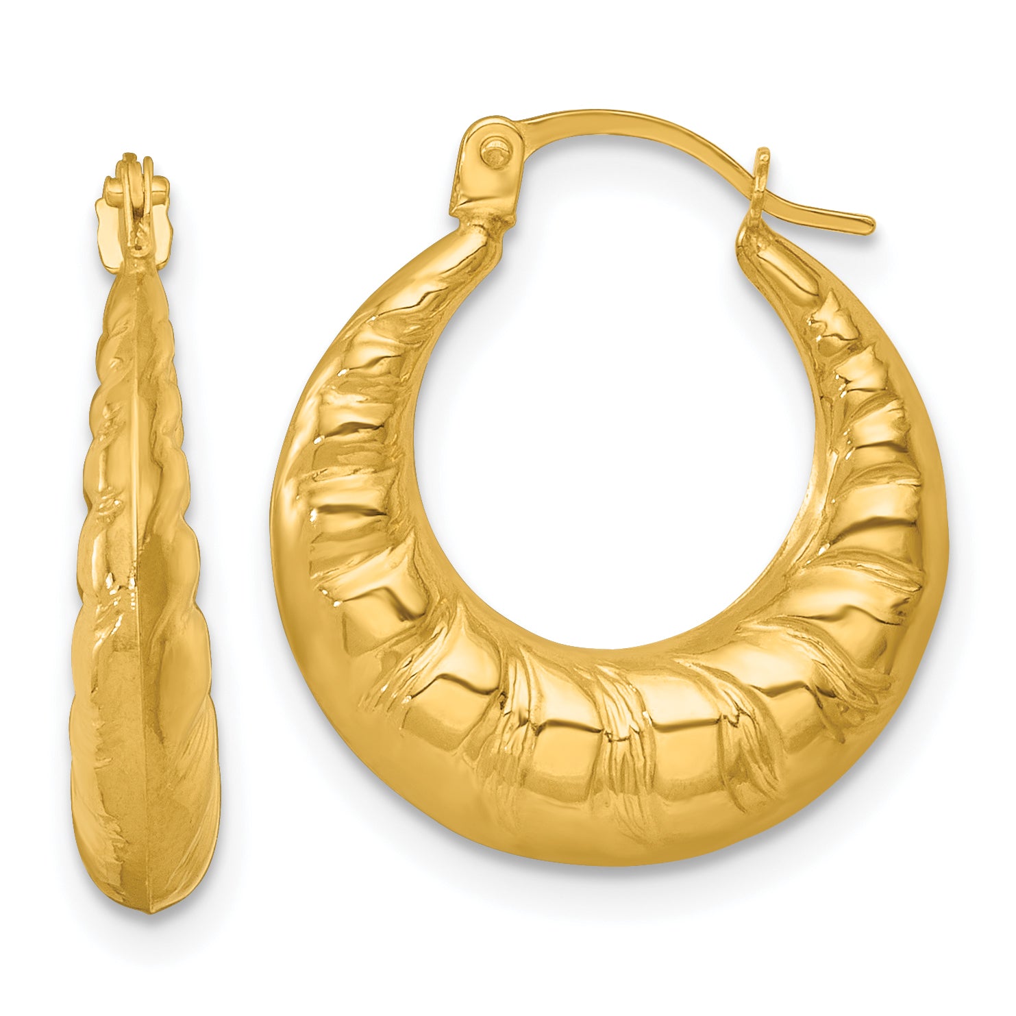 14k Polished and Textured Scalloped Hollow Hoop Earrings Main image