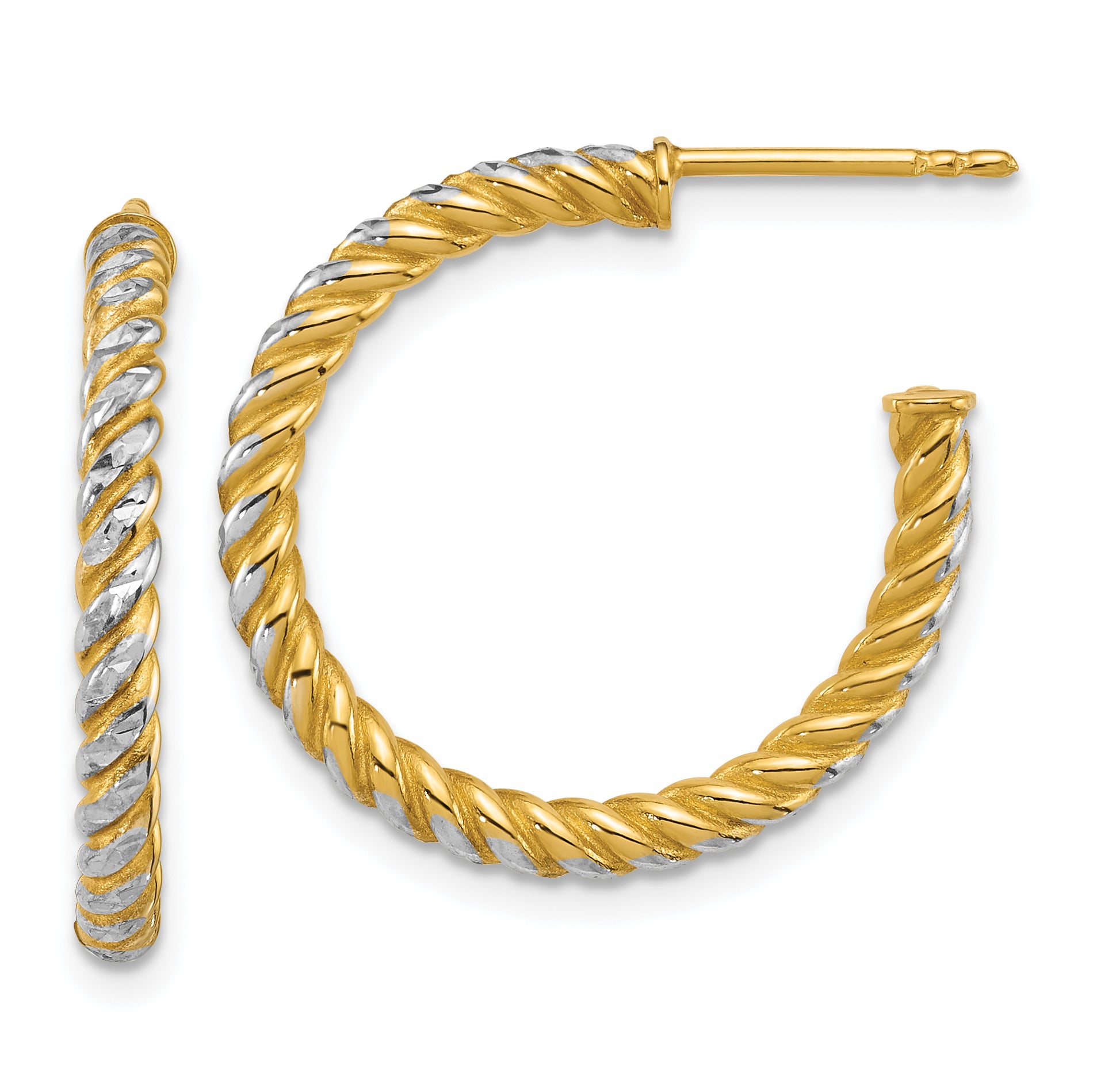 14k with White Rhodium Polished Diamond-cut Twisted 2.75mm Tube C-Hoop Post Earrings