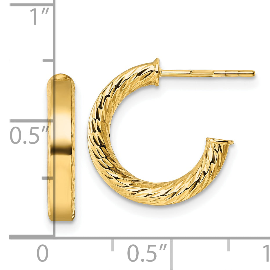 14k Polished and Diamond-cut 3.00 x 15mm Tube C-Hoop Post Earrings