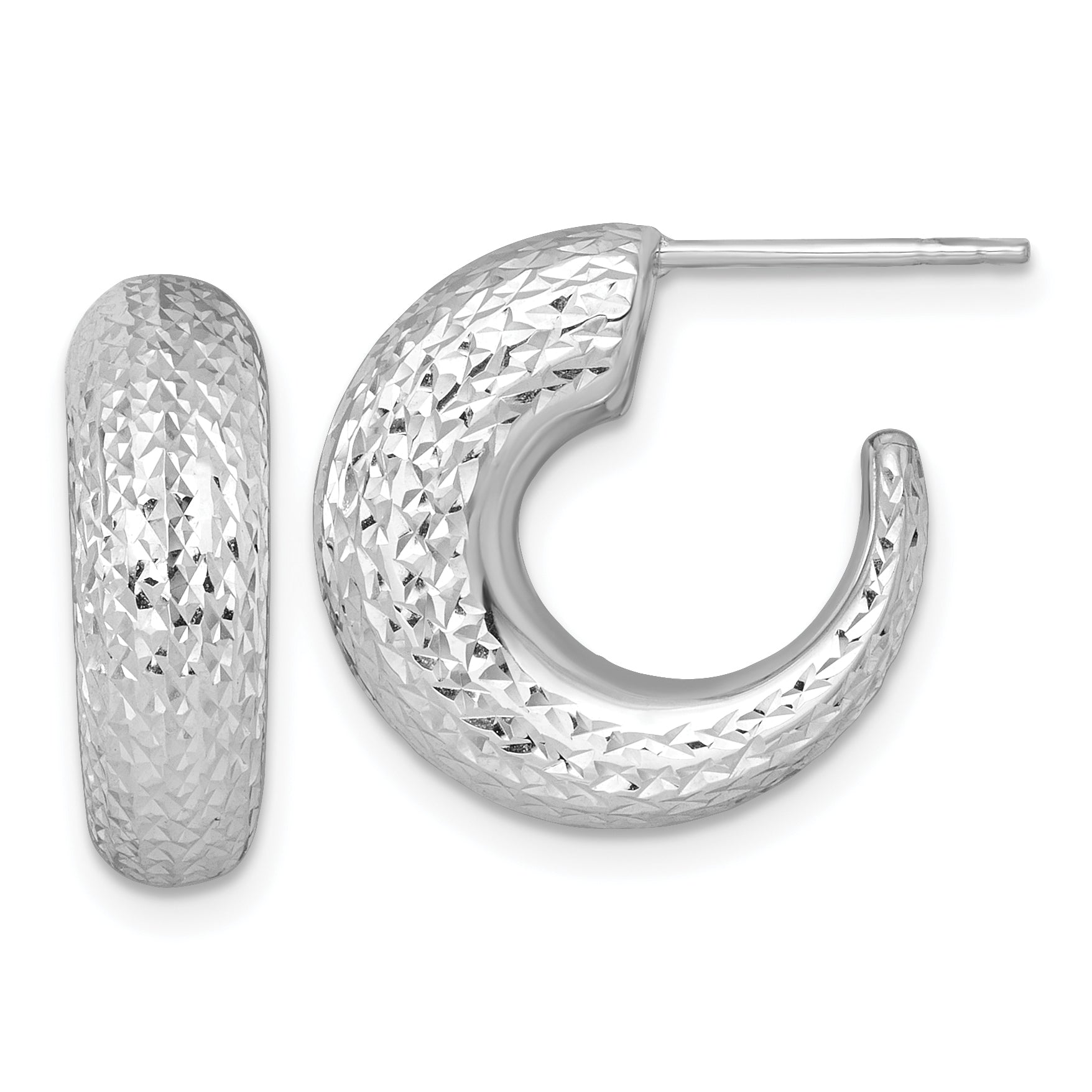14k White Gold Polished Diamond-cut Hollow C-Hoop Post Earrings