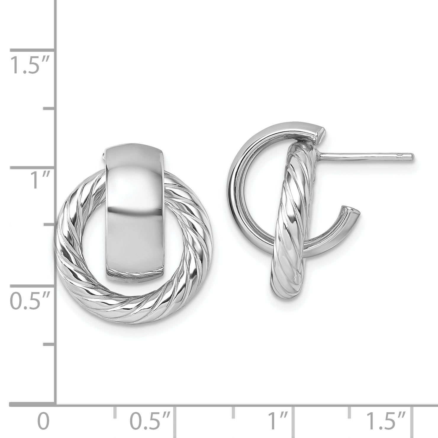 14K with White Rhodium Polished and Twisted Doorknocker C-Hoop Post Earrings