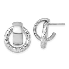 14K with White Rhodium Polished and Twisted Doorknocker C-Hoop Post Earrings