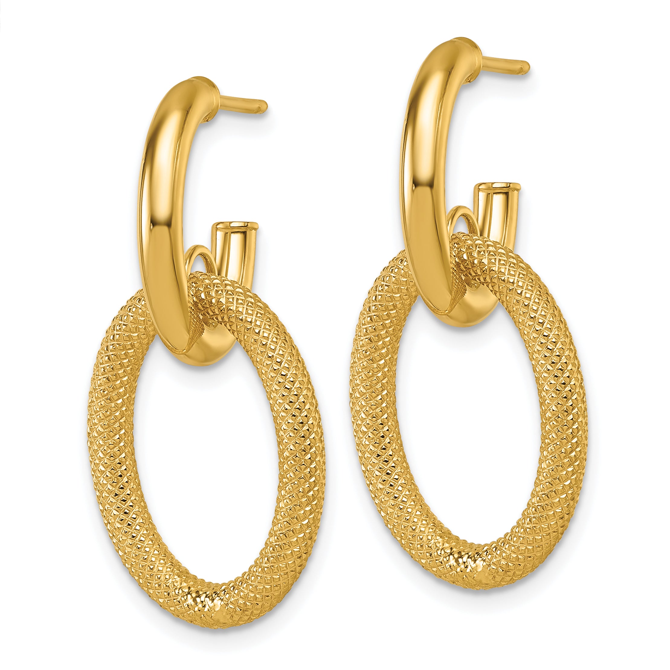 14K Polished and Textured Oval Dangle C-Hoop Post Earrings