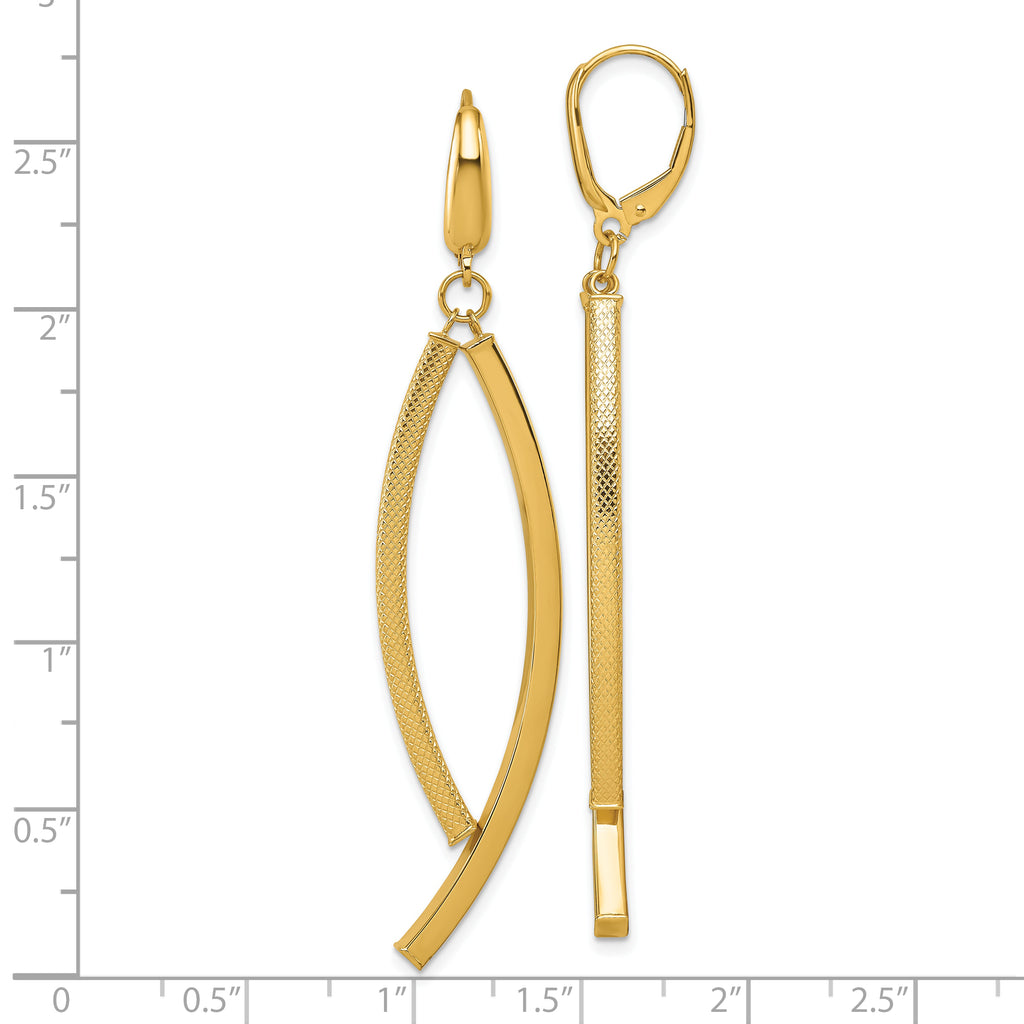 14K Polished and Textured Curved Bars Dangle Leverback Earrings