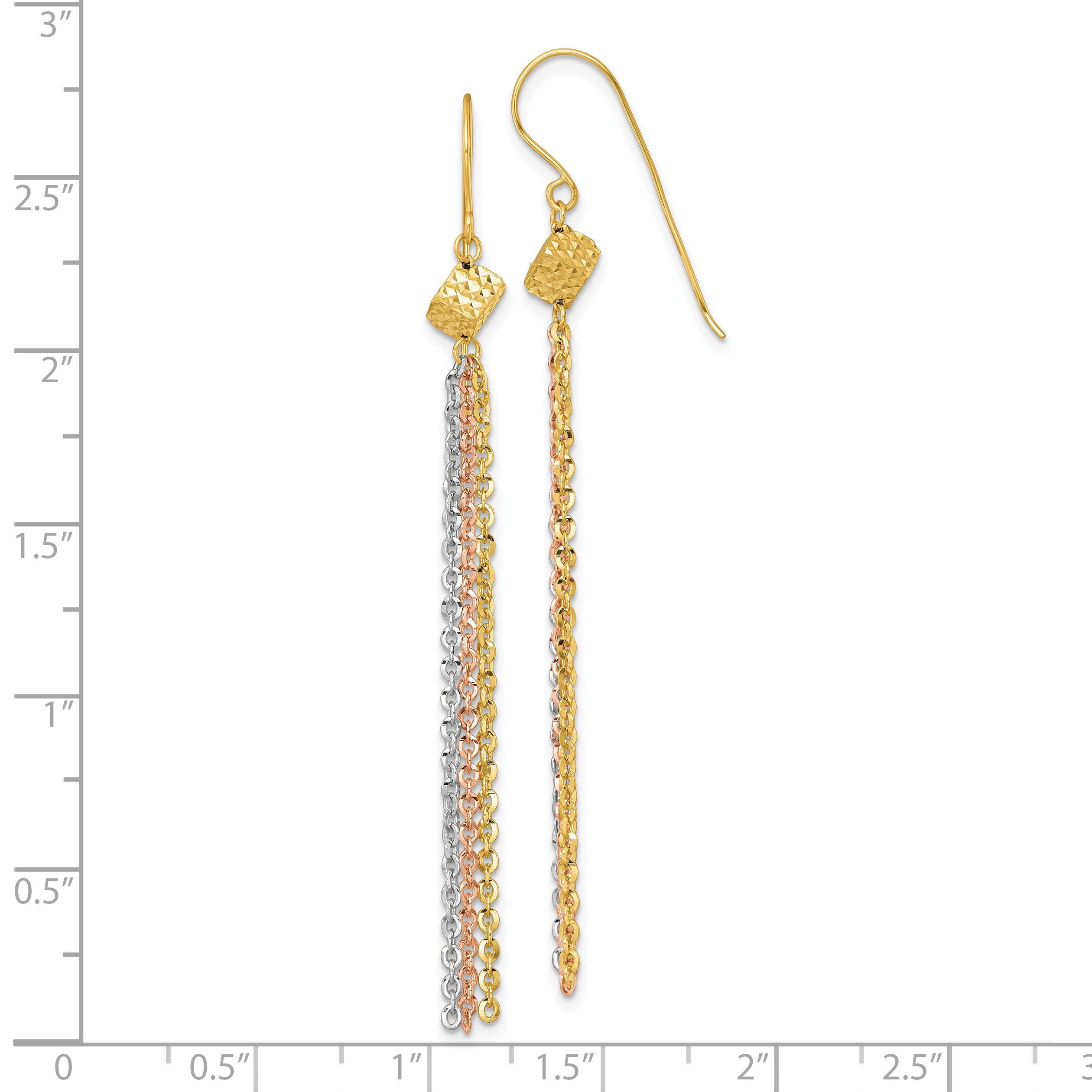14k Tri-color Polished Fancy Chain Dangle Tassel Shepherd Hook Earrings