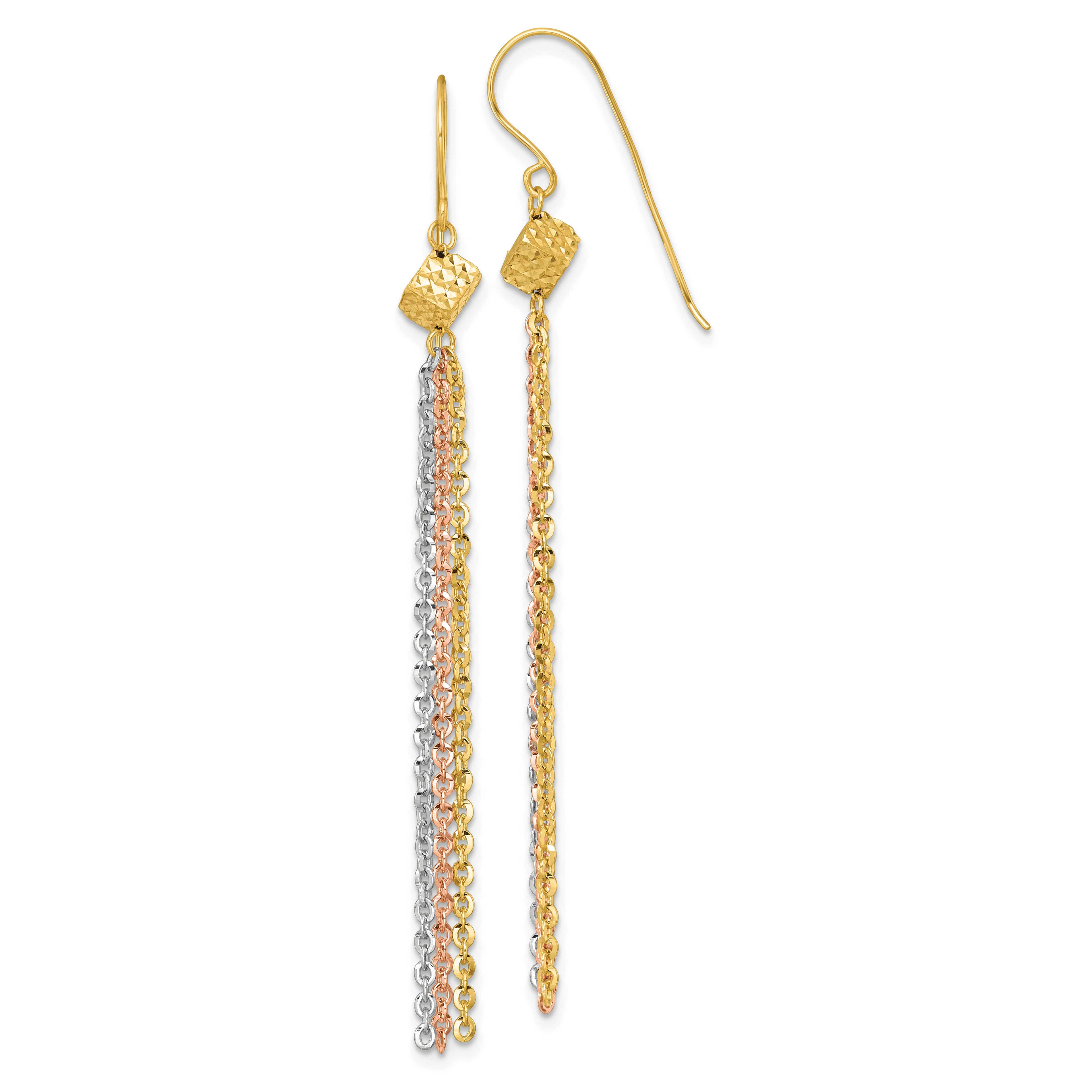14k Tri-color Polished Fancy Chain Dangle Tassel Shepherd Hook Earrings