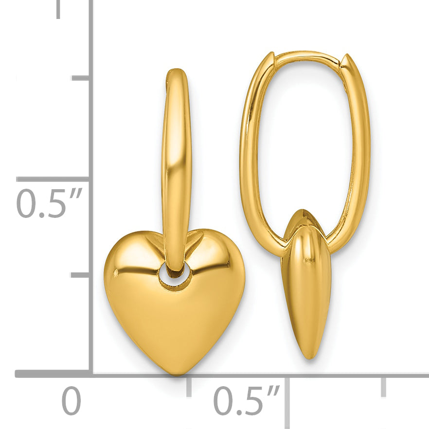 14k Polished Dangle Puffed Heart Hinged Hoop Earrings