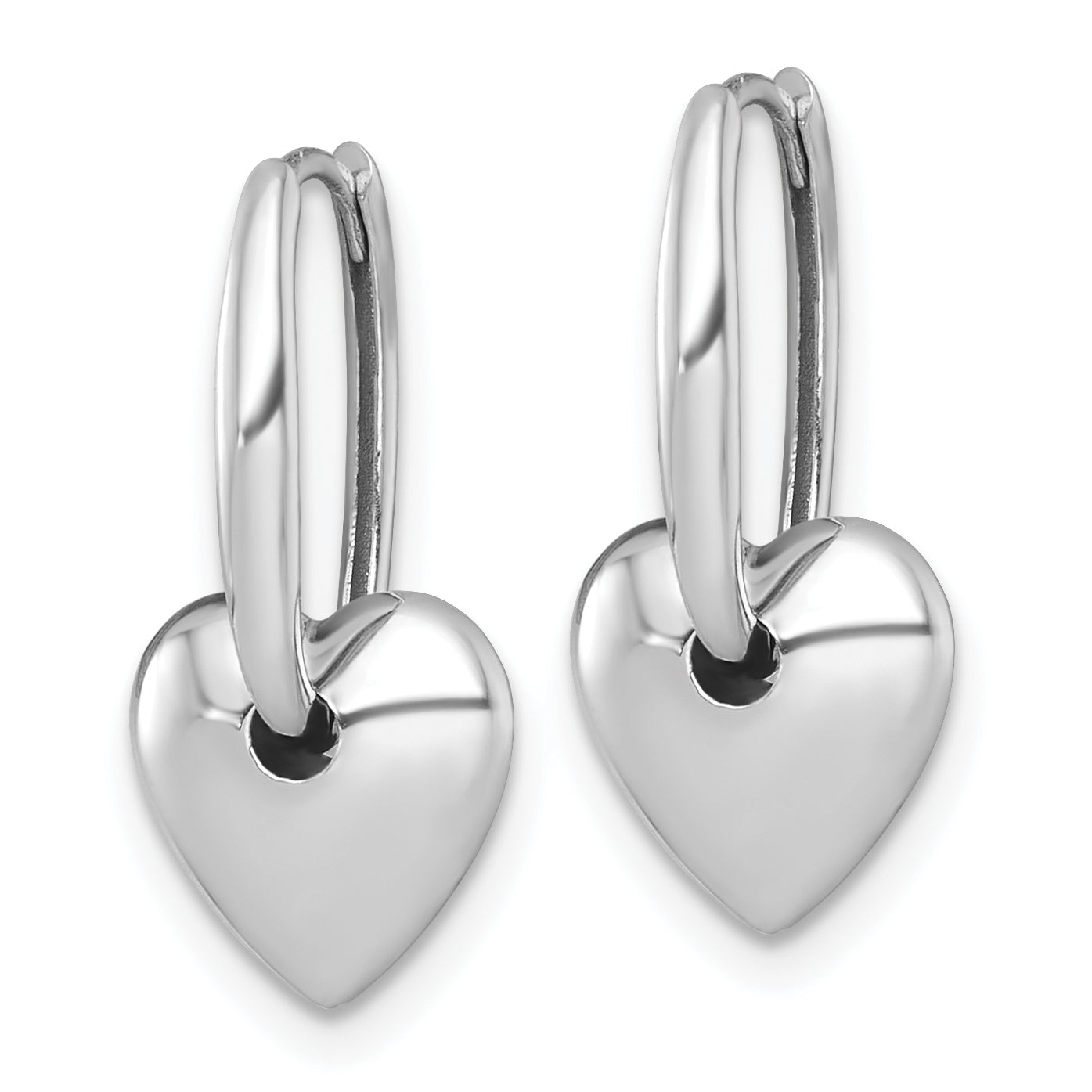 14k White Gold Polished Dangle Puffed Heart Hinged Hoop Earrings