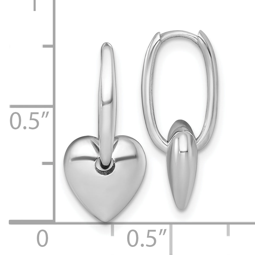 14k White Gold Polished Dangle Puffed Heart Hinged Hoop Earrings