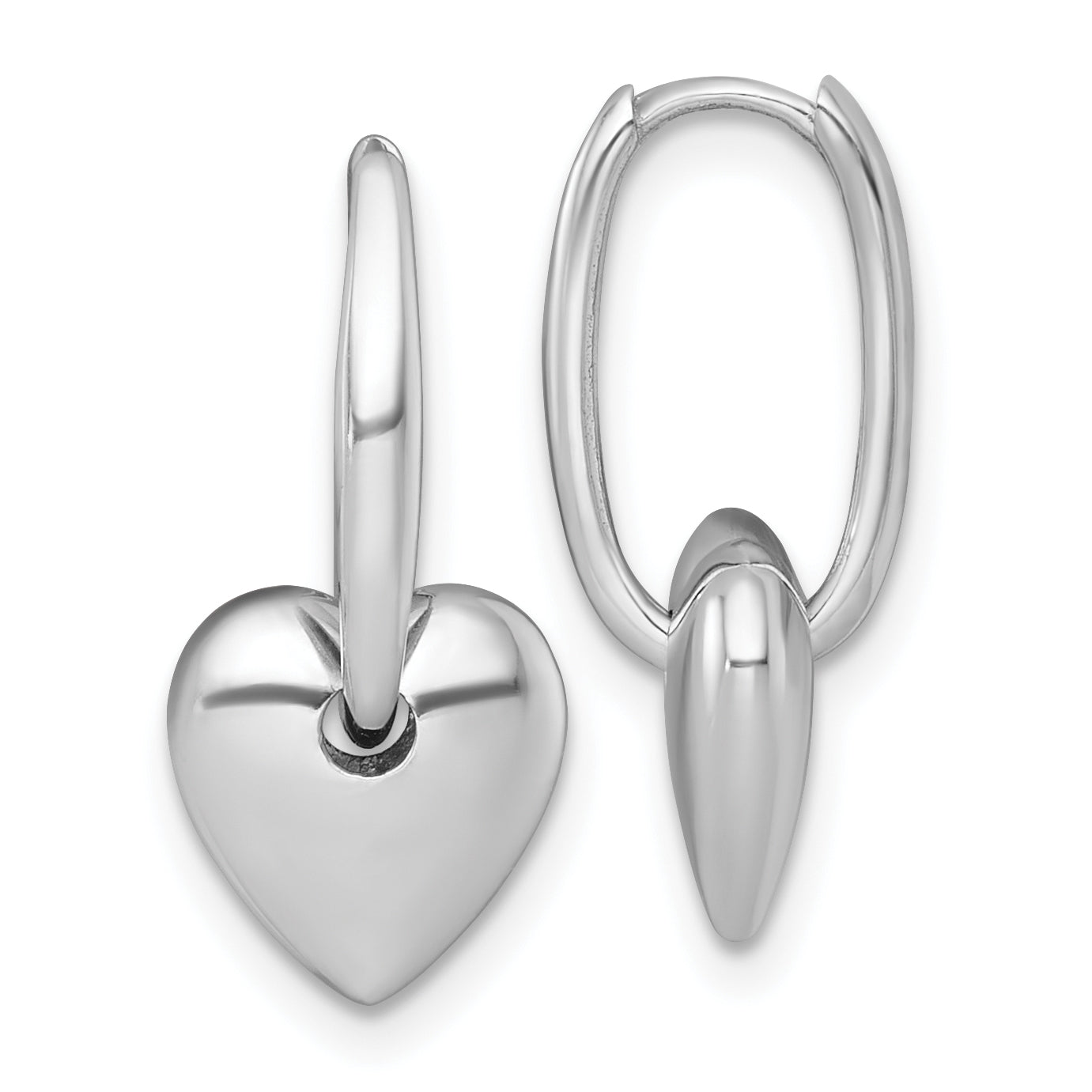 14k White Gold Polished Dangle Puffed Heart Hinged Hoop Earrings
