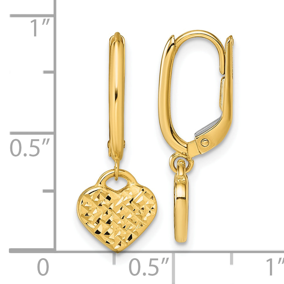 14k Polished Diamond-cut Heart Dangle Leverback Earrings
