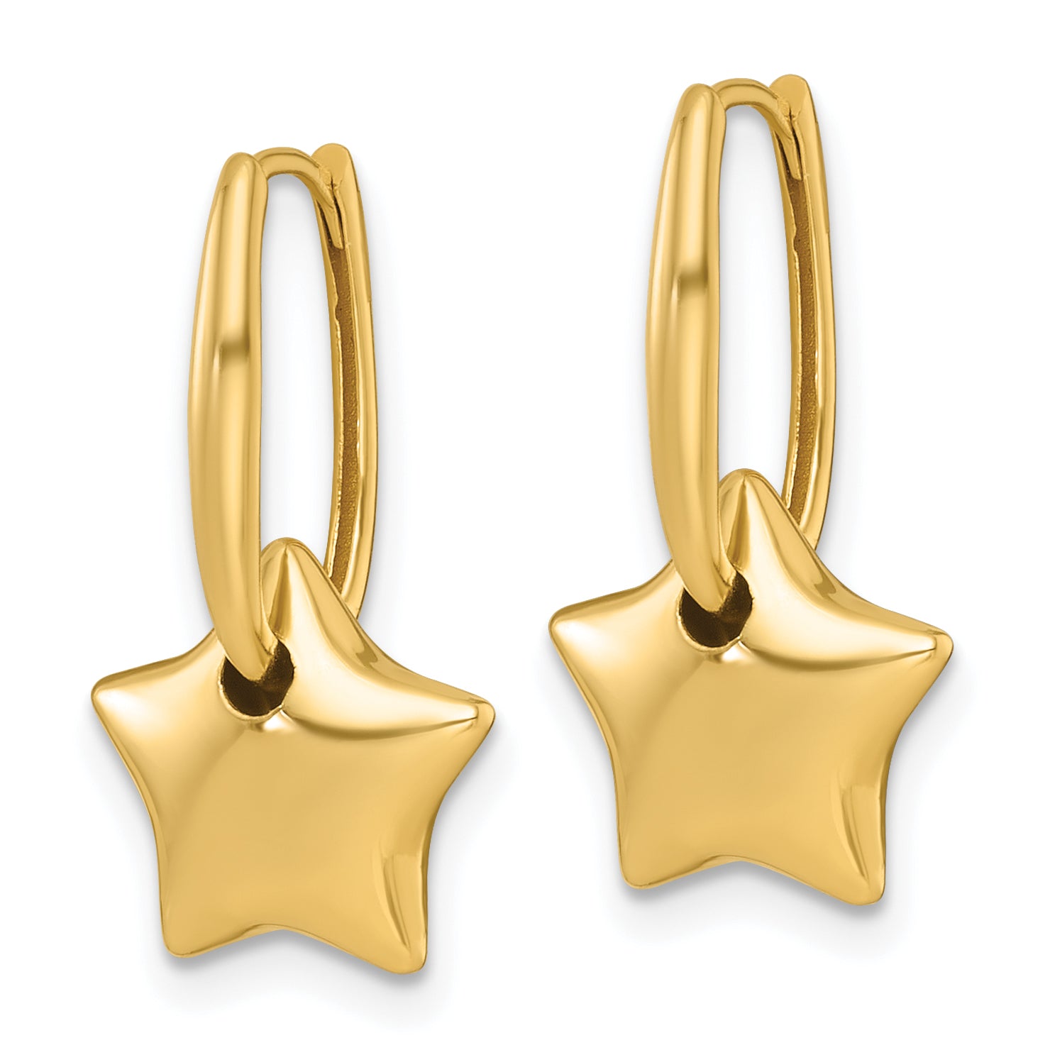 14k Polished Dangle Puffed Star Hinged Hoop Earrings