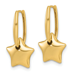 14k Polished Dangle Puffed Star Hinged Hoop Earrings