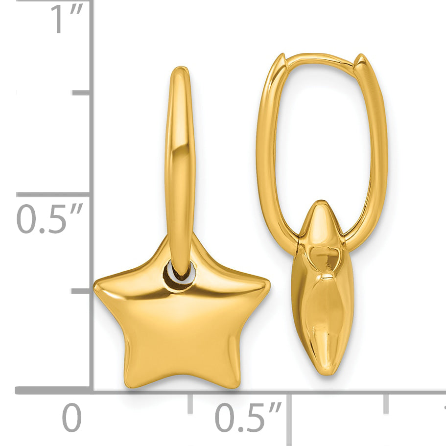 14k Polished Dangle Puffed Star Hinged Hoop Earrings