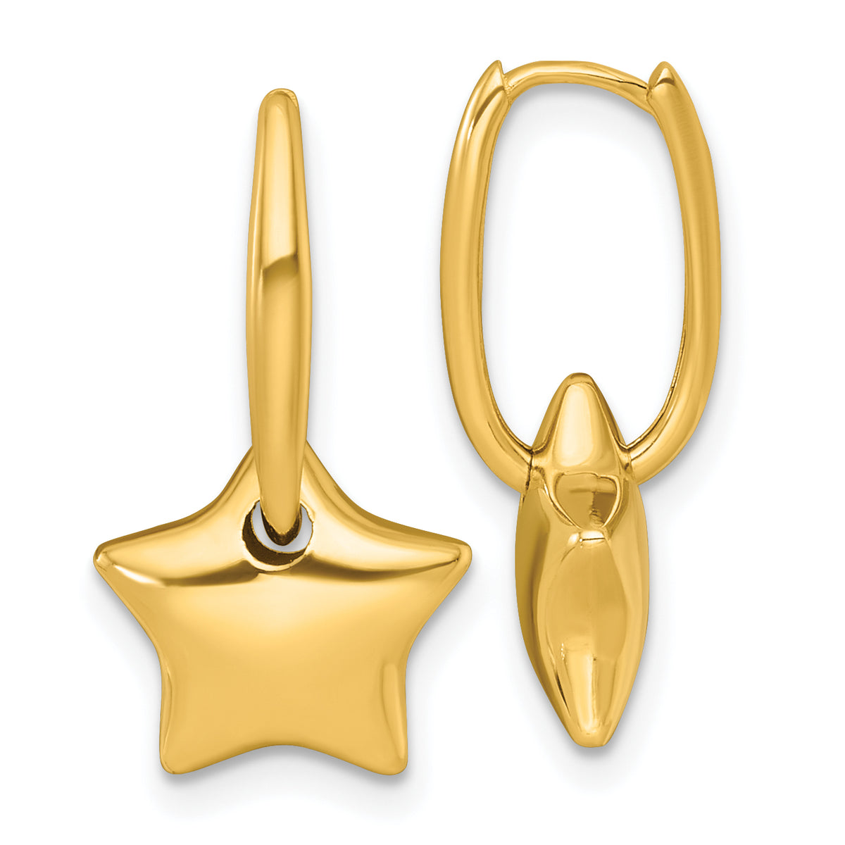 14k Polished Dangle Puffed Star Hinged Hoop Earrings