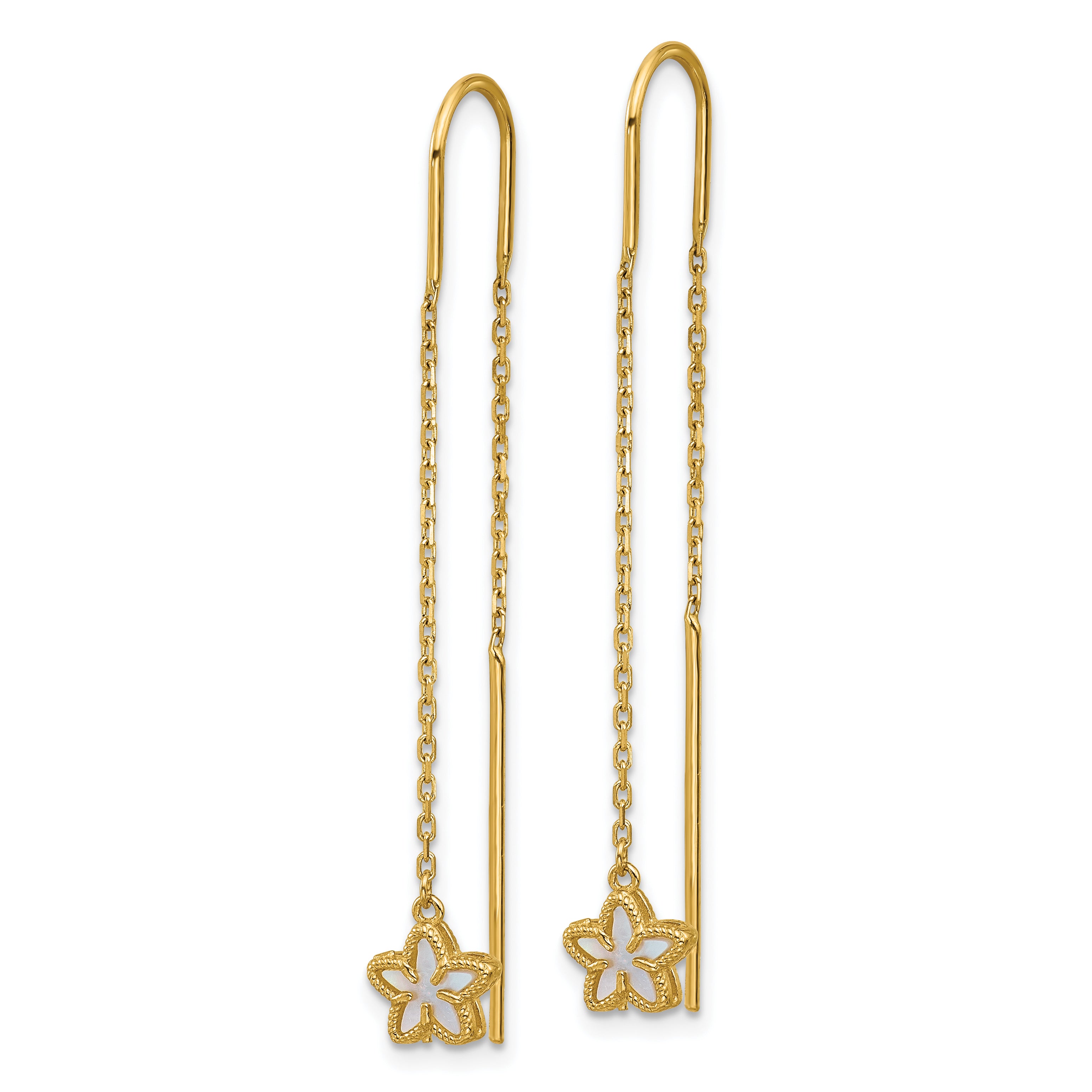 14K Polished Mother of Pearl Flower Cable Chain Threader Earrings Secondary image