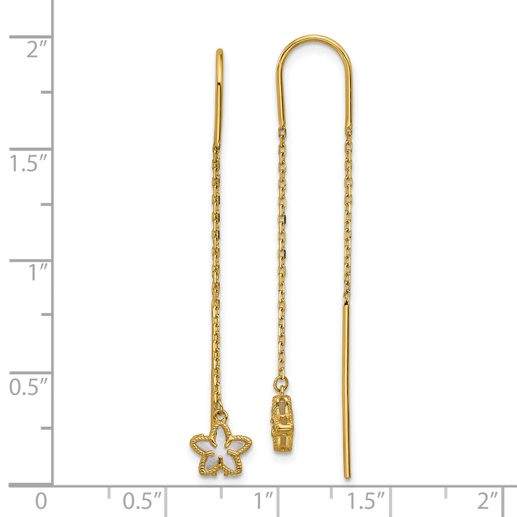 14K Polished Mother of Pearl Flower Cable Chain Threader Earrings