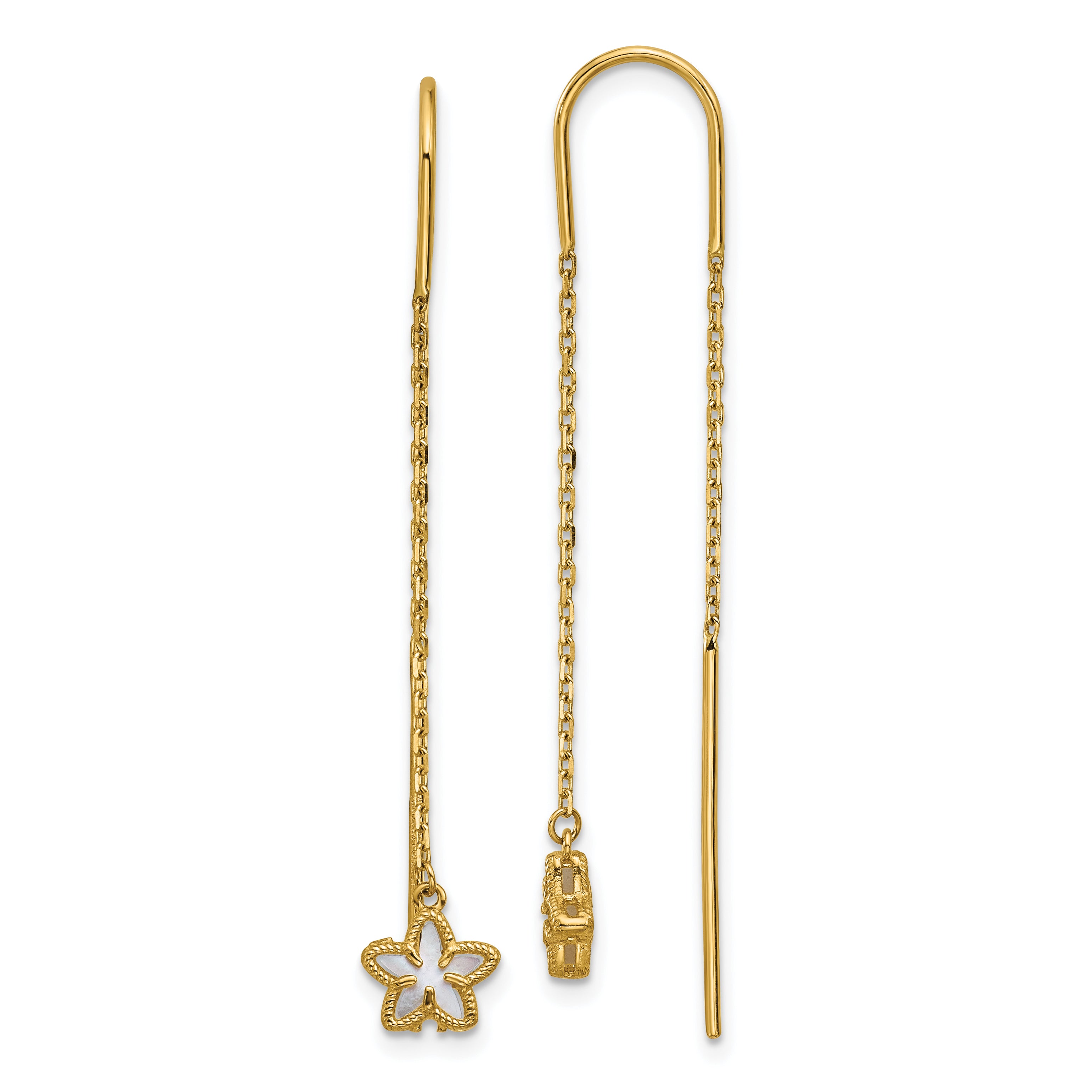 14K Polished Mother of Pearl Flower Cable Chain Threader Earrings Main image