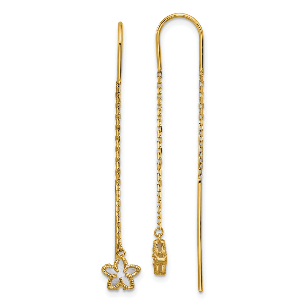 14K Polished Mother of Pearl Flower Cable Chain Threader Earrings