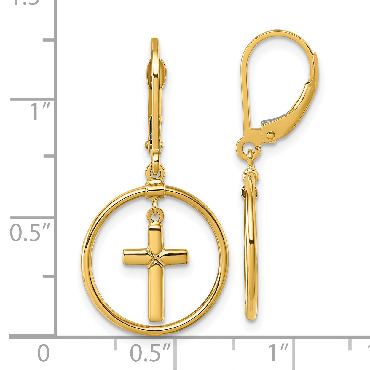 14k Polished Cross in Circle Leverback Dangle Earrings