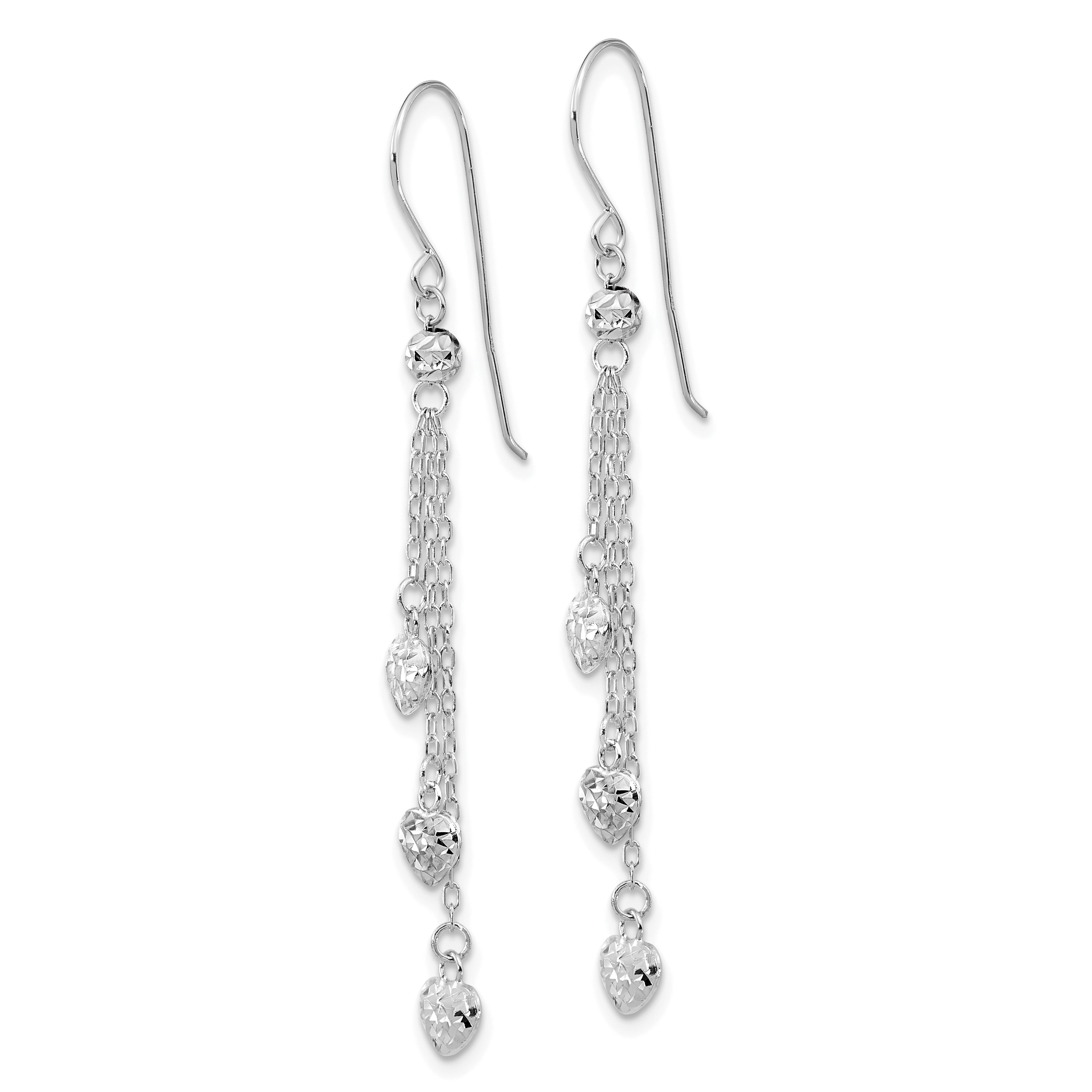 14k White Gold D/C Triple Heart Dangle Shepherd Hook Earrings Secondary image