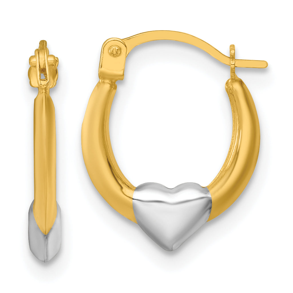 14k with White Rhodium Polished Heart Hoop Earrings