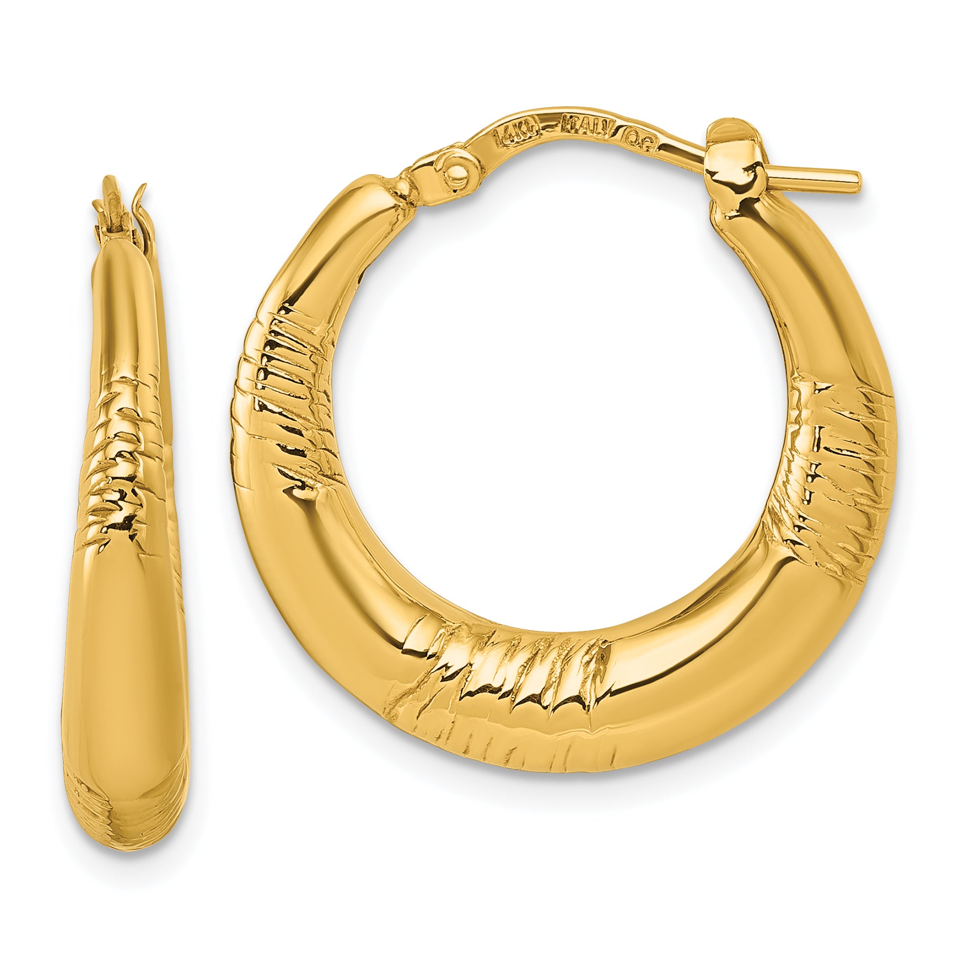 14k Polished and Textured 4.6mm x 23mm Puffed Round Hoop Earrings
