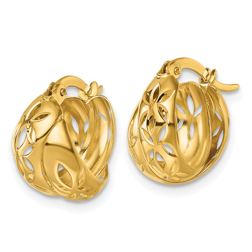 14k Polished Diamond-cut with Cut Out Floral Design Double Hoop Earrings