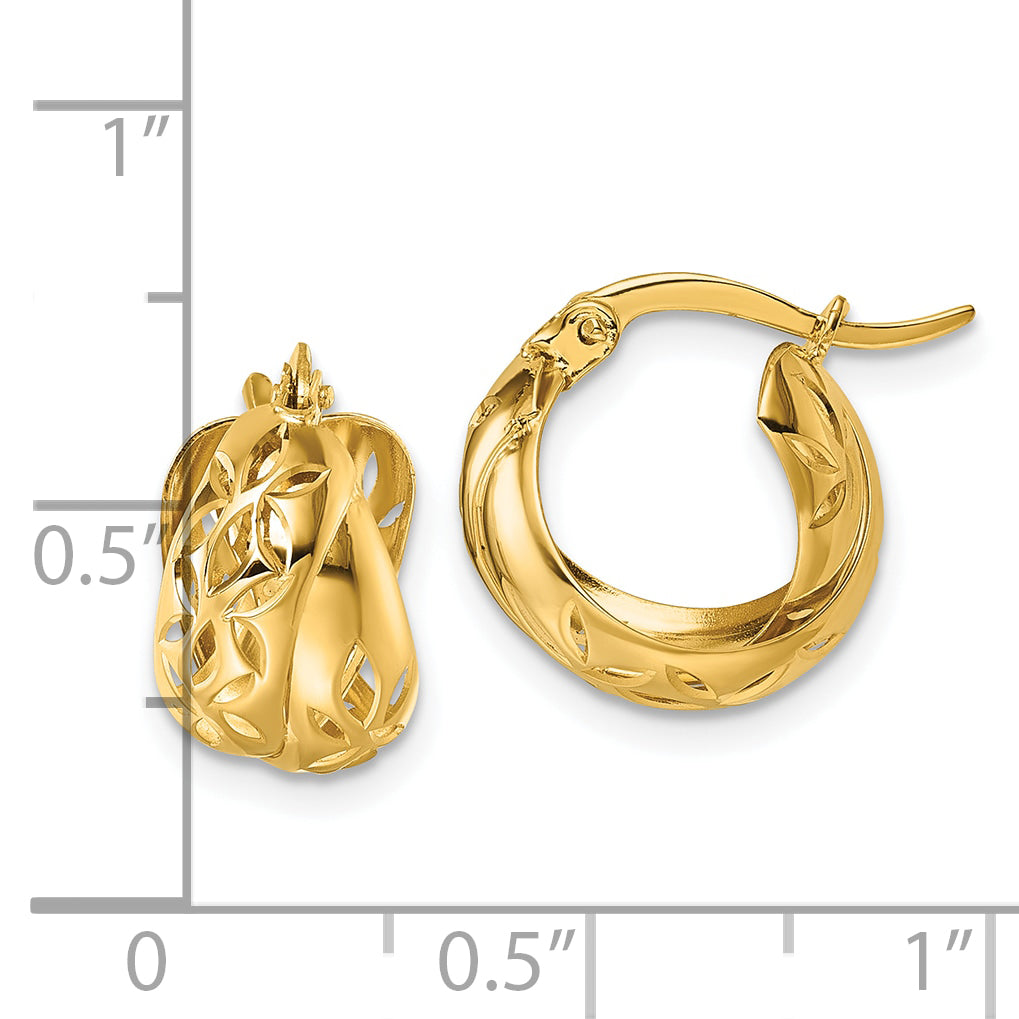 14k Polished Diamond-cut with Cut Out Floral Design Double Hoop Earrings