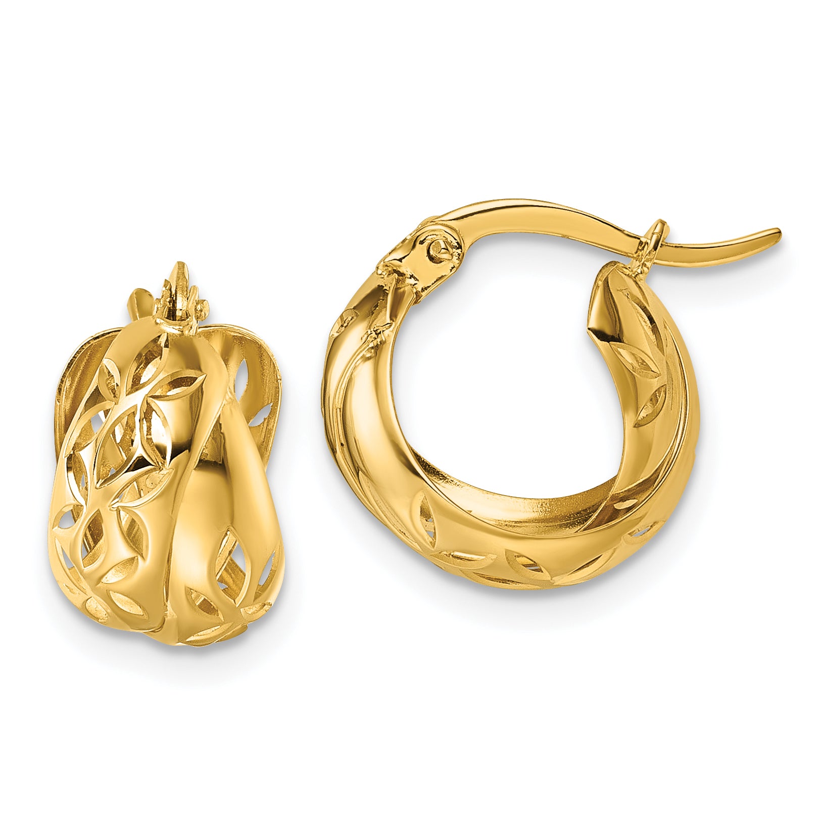 14k Polished Diamond-cut with Cut Out Floral Design Double Hoop Earrings