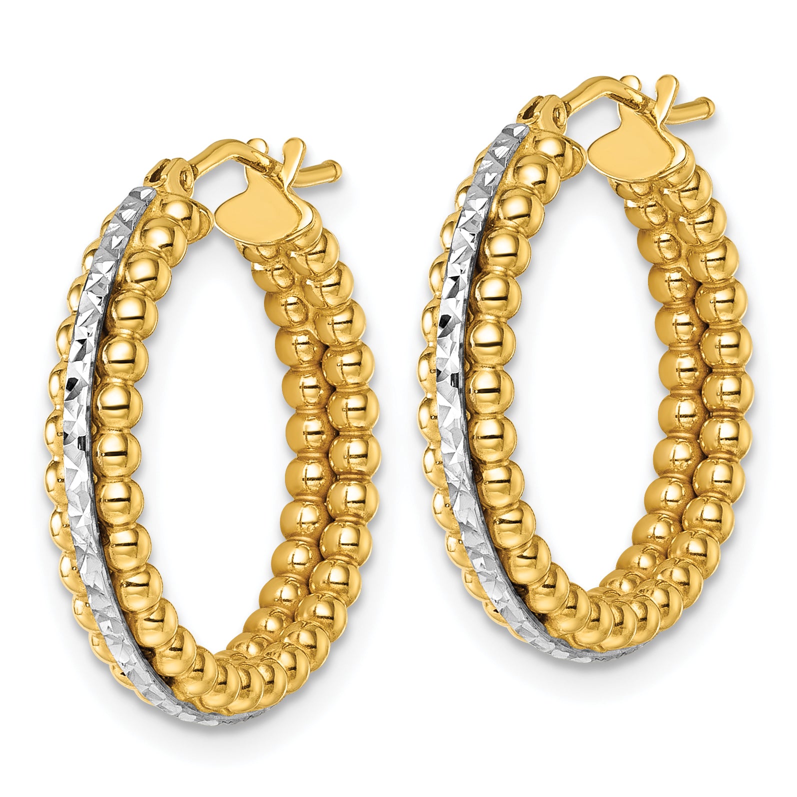 14k Two Tone Polished and Diamond-cut Beaded Hoop Earrings Secondary image