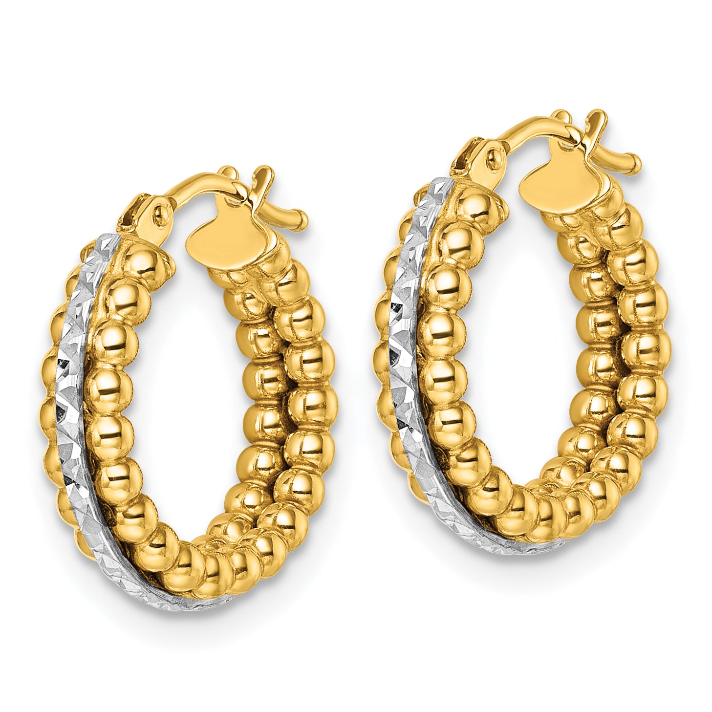 14k Two Tone Polished and Diamond-cut Beaded Hoop Earrings Secondary image
