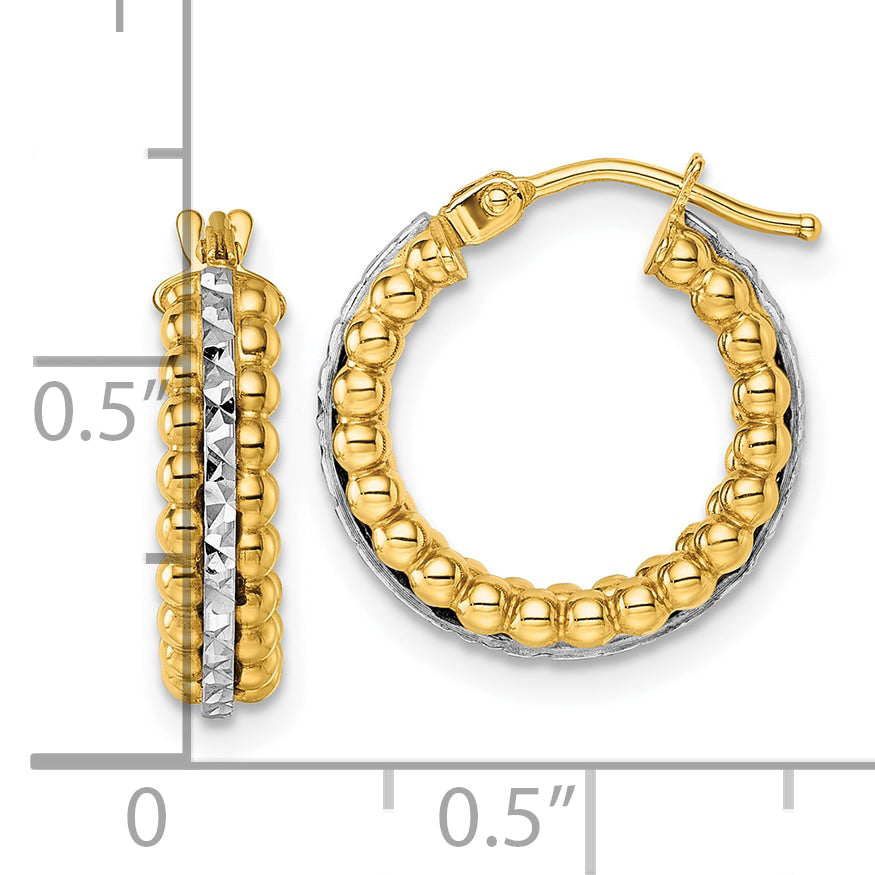 14k Two Tone Polished and Diamond-cut Beaded Hoop Earrings