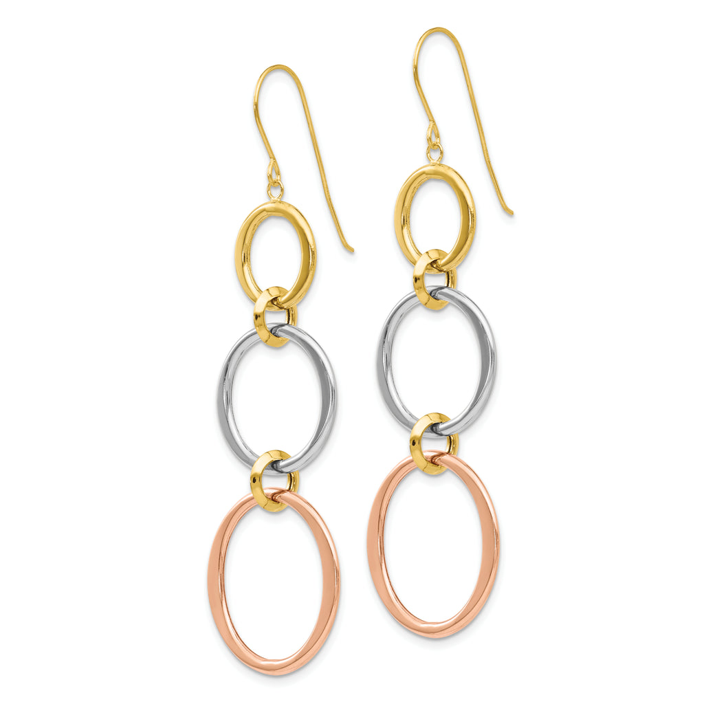 14k Tri-color Triple Graduated Circle Dangle French Hook Earrings